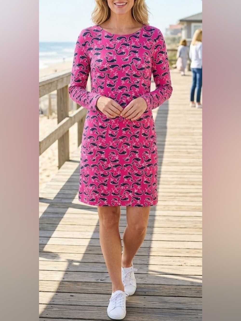​NWT JB by Julie Brown Pink Whale Print Shift Dress Long Sleeve Size L